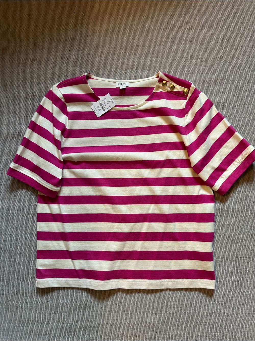 NWT J. Crew Cream and Fuchsia Striped Short Sleeve Top with Shoulder Buttons